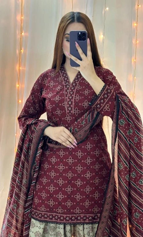 Ajrak Maroon (Farshi Shlwar) Printed 3 PCS