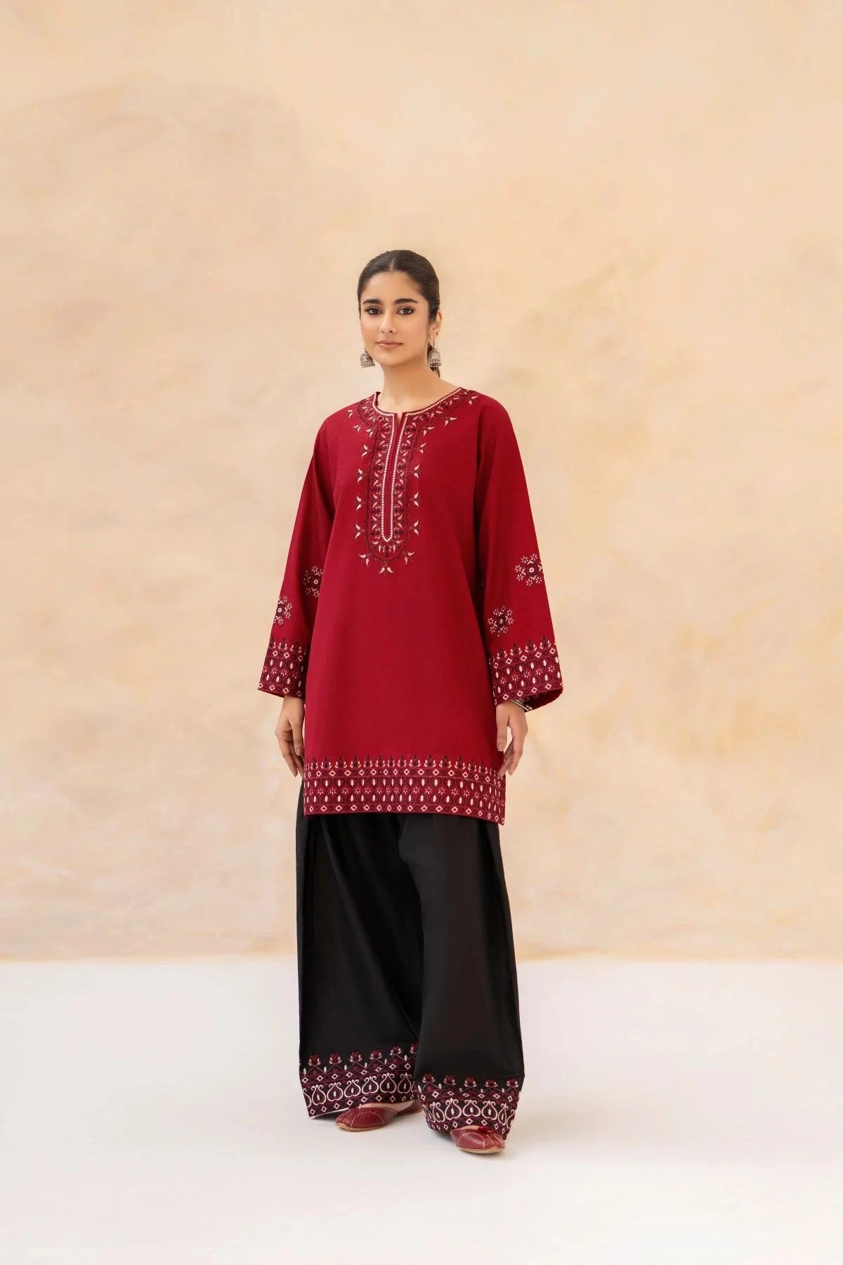 RED BLACK EMBROIDERED 2 PIECE