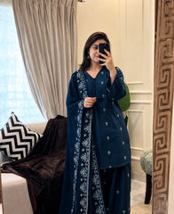 Peacock Blue Embroidered 3PC Suit